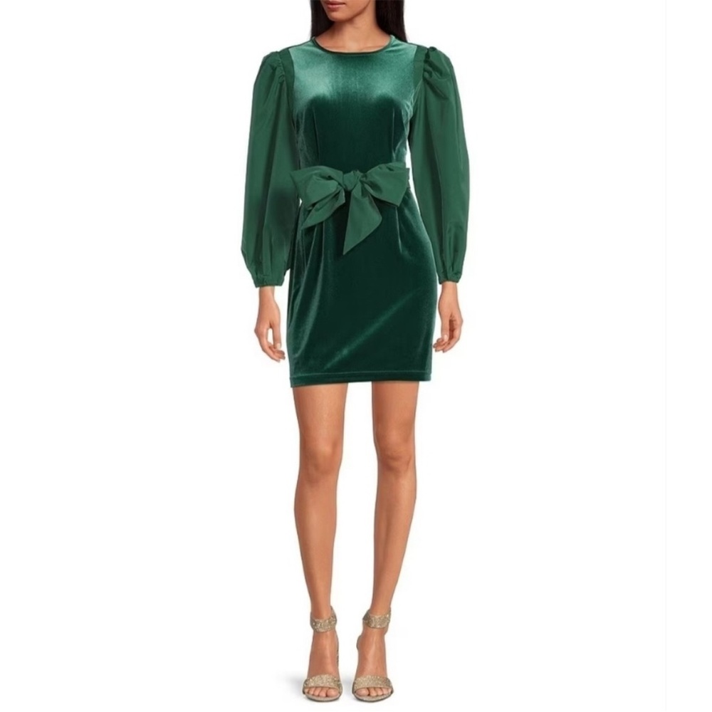 LDT Hannah Emerald Velvet Mini Holiday Dress Size 14 Belted Puff Long Sleeve